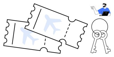 Bir çift anahtarın yanında iki uçak bileti, laptop kullanan sanal asistan. Seyahat planlama, online rezervasyon, güvenlik, yardım, modern teknoloji, uygun tatil için ideal. Soyut çizgi