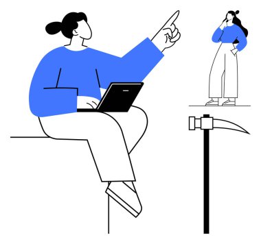 Gündelik kıyafetleri olan iki kişi teknolojiyle uğraşıyorlar. Biri dizüstü bilgisayarını tutarken diğeri de yakınlarda bir kazma olduğunu düşünüyor. Takım çalışması, iletişim, uzaktan çalışma, üretkenlik için ideal