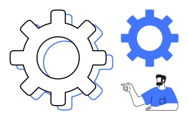 Üst üste binen mavi röfleli ve ikincil katı mavi dişli büyük bir ana teçhizat. Mavi gömlekli bir erkek, dişlilere bakıyor. Takım çalışması temaları, süreç optimizasyonu için ideal