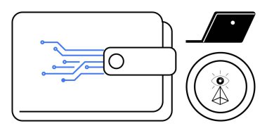 Devre çizgileri olan dijital cüzdan, bir dizüstü bilgisayar ve gözetim ve engelleme zincirini temsil eden geometrik bir göz sembolü. Finans, teknoloji, dijital güvenlik, veri koruması, sanal para birimi için ideal