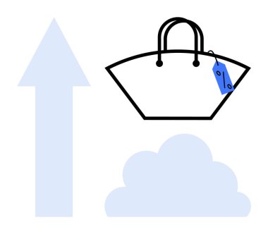 Fiyat etiketli alışveriş torbası yukarı doğru ok ile bulutun üstünde yükseliyor. Çevrimiçi alışveriş, e-ticaret, büyüme, dijital satış, bulut hesaplama, pazar eğilimleri, perakende yeniliği için ideal. Soyut satır düzlüğü