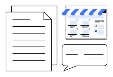 İş belgeleri, çizgili tentelerle çevrimiçi mağaza önü ve konuşma balonu pazarlama stratejilerinin geliştirilmesi konusundaki tartışmaları temsil ediyor. Ecommerce, strateji, dijital pazarlama, iletişim için ideal