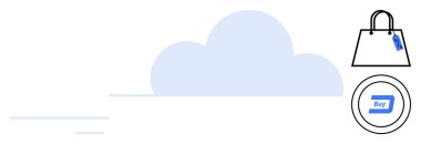 Fiyat etiketi ve satın alma düğmesi olan bir alışveriş çantasının arkasında bulut. E-ticaret, bulut hesaplama, çevrimiçi alışveriş, dijital işlemler, perakende teknoloji, modern ticaret ve küresel pazar için ideal