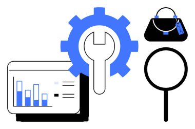 İngiliz anahtarlı mavi vites, yanında bir el çantası ve büyüteç ile birlikte bir çubuk grafik ekranını kaplıyor. Ticari strateji, araç gereç, piyasa analizi, perakende, teknoloji, arama için ideal
