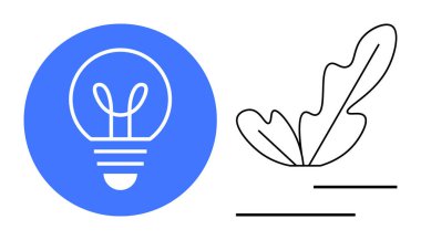 Mavi daireli ampul, soyut yaprak ve siyah çizgilerin yanında. Yaratıcılık, yenilik, sürdürülebilirlik, büyüme, doğa, denge, minimalizm için idealdir. Teknoloji doğayı temsil eder.