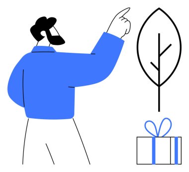 Adamın biri dallı bir ağacı işaret ediyor, altında hediye kutusu ve mavi kurdelesi var. Çevresel farkındalık, hediye verme, sürdürülebilirlik, çevre dostu, yardım, eğitim, büyüme için ideal