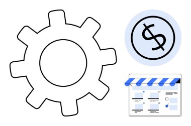 Dişli simgesi işlemleri sembolize eder. Dolar işareti finansı temsil ediyor. Dükkan önü grafiği ticareti gösteriyor. E-ticaret, finans, otomasyon, yönetim, iş stratejisi, verimlilik için ideal