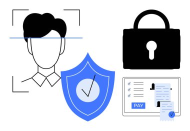 Yüz tanıma taraması, güvenlik kilidi, kontrol işaretli ödeme sistemleri ve kalkan. Güvenlik, gizlilik, kimlik doğrulama, çevrimiçi işlemler, siber koruma, modern teknoloji güveni için ideal