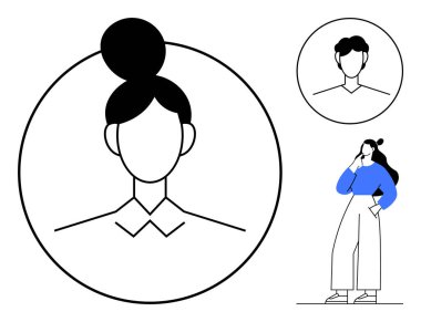 Bir kadınla büyük dairesel bir figür, bir erkekle daha küçük bir çember. Mavinin yanında duran bireysel düşünce. İşe alım, insan kaynakları, çeşitlilik, profiller, iş piyasası, sosyal medya profesyoneli için ideal