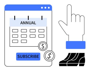Abonelik düğmesi ve dolar sikkeleri ile ANNUAL olarak işaretlenmiş takvim. İşaret eden el ikonu, yığınla kitap. Abonelik hizmetleri, e-ticaret, yıllık planlar, ödeme kapıları, dijital içerik, çevrimiçi için ideal