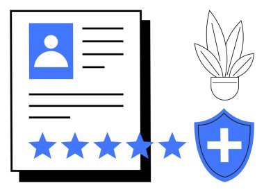 Profil fotoğrafı olan profesyonel özgeçmiş belgesi kaliteyi gösteren beş mavi yıldız saksı bitkisi ve tıbbi haçlı bir sağlık kalkanı sembolü. İş başvuruları ve kariyer için ideal.