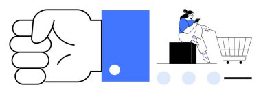 Mavi kollu el hareketi, telefondaki kadın alışveriş arabasının yanında oturuyor. E-ticaret, çevrimiçi alışveriş, dijital pazarlama, tüketici davranışı, teknoloji, mobil uygulamalar, perakende sektörü için ideal