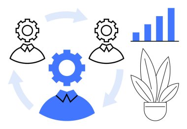 Liderleri takım işbirliğini ve problem çözmeyi sembolize eden iş arkadaşları, bağlantıyı gösteren dairesel oklar, büyüme için bar grafiği, büyüme ve yaratıcılık için saksı bitkisi. İdeal