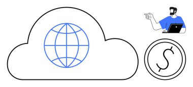 İçinde bir dünya, dizüstü bilgisayarda çalışan bir insan ve küresel bağlantıyı, veri depolamayı ve finansal yönetimi vurgulayan bir dolar sembolü içeren bir bulut taslağı. Teknoloji, finans ve küresel için ideal