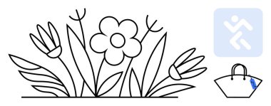 Etrafı yapraklarla çevrili bir çiçeğin, bir alışveriş çantasının ve koşan bir ikonun basit çizgisel çizimi. Doğa, alışveriş, fitness, yaşam tarzı, minimalizm, organik ürün temaları için ideal