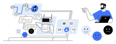 Robot sohbet robotu farklı kullanıcılarla bir cihaz ekranında mesaj yoluyla iletişim kuruyor. AI, müşteri hizmetleri, iletişim, teknoloji, kullanıcı deneyimi, yenilikçi çözümler, dijital