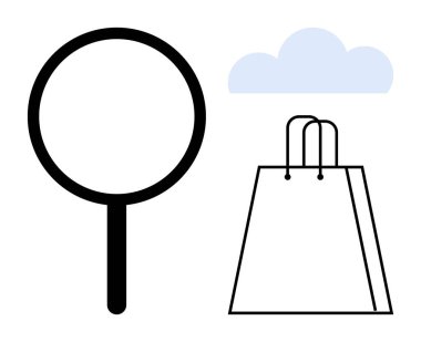 Büyüteç, alışveriş torbası, internet alışverişini gösteren bulut, arama ürünleri, teslimat hizmetleri. E-ticaret, perakende, piyasa araştırması, dijital pazarlama çevrimiçi tüketiciler için ideal