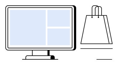 Masaüstü monitörü bir alışveriş çantasının yanında düzeni gösteriyor. E-ticaret, perakende satış, çevrimiçi pazarlama, web tasarımı, alışveriş uygulamaları, dijital işletmeler, tüketici davranışları için ideal. Satır metaforu