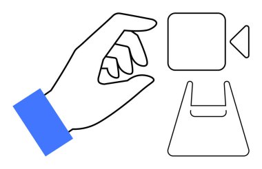 Bir kamera simgesine uzanıyor. Video kaydını işaret ediyor. İçerik oluşturma, dijital medya, iletişim, film çekme, sosyal medya, teknoloji kullanıcı etkileşimi için idealdir. Basit soyut çizgi düz