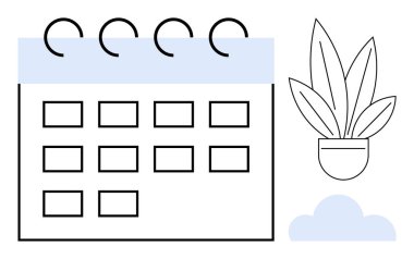 Masa takvimi spiral bağlayıcı, bitişik saksı bitkisi ve soyut bulut. Organizasyon, zaman yönetimi, üretkenlik, planlama, minimalizm, ofis dekorasyonu çevresel farkındalık için ideal