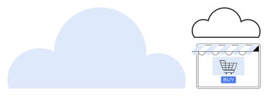 Bir alışveriş sepeti ve satın alma düğmesi olan bir mağaza önü bulut. E-ticaret, çevrimiçi alışveriş, bulut hesaplama, dijital pazar yerleri, perakende yenilik, modern ticaret, soyut çizgi