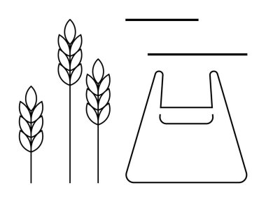 Buğday sapları, tek kullanımlık plastik torba hatları, iki yatay çizgi. Sürdürülebilirlik, tarım, çevre, atık yönetimi, ekolojik etki minimalizminin geri dönüşümü için idealdir. Temiz modern