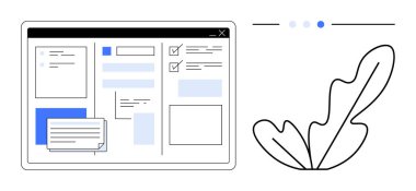 Görev yönetimi arayüzü olan dijital çalışma alanı, işaretli kutular, metin alanları, dağınık notlar. Sağda minimalist yapraklar var. Üretkenlik, organizasyon, planlama, iş akışı yaratıcılığı için ideal