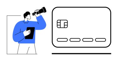 Man examines oversized credit card using a telescope, with a tablet in hand. Ideal for financial services, digital payments, e-commerce, security, personal finance, credit management fintech. Line clipart