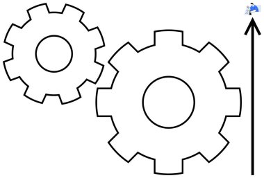 Yukarı bakan bir oku olan iki büyük mekanik dişli ve bir işadamı merdivene tırmanıyor. Takım çalışması, ilerleme, iş büyümesi, mühendislik, strateji, başarı, üretkenlik için ideal