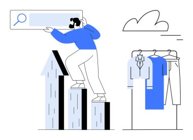 Mavi ve beyaz elbiseli bir kadın arama çubuğu tutan çubuklara tırmanıyor, gömlek ve pantolonlu elbise askılarının yanında duruyor. Büyüme, araştırma, moda, e-ticaret, strateji, başarı metaforu için ideal. Çizgi