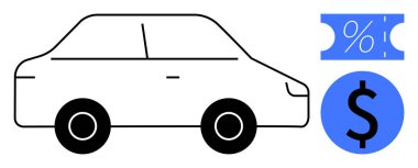 Mavi indirim kuponu ve dolar sembolünün yanında siyah beyaz tasvir edilen araba. Otomotiv satışları, araba kredileri, otomobil sigortası, indirimler, fiyatlandırma stratejileri, finansal anlaşmalar, satışlar için ideal