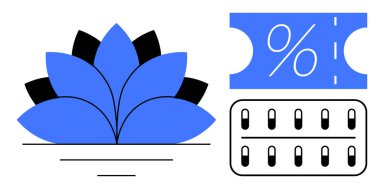 Siyah aksanlı mavi nilüfer çiçeği ve üzerinde yüzdelik bir sembol bulunan üzerinde numaralandırılmış kutular olan bir barkod bulunan indirimli bilet. Finans, refah, denge, sükunet, tasarruf için ideal