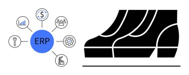 Finansal, insan kaynaklarını, mühendisliği, imalatı, üretimi, analitik simgeleri birbirine bağlayan ERP merkezi çemberi. Yandaki yüksek topuklu ayakkabılar büyümeyi temsil ediyor. İş stratejisi için ideal