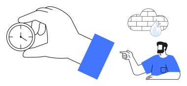 Elle tutulan küçük bir saati işaret eden kişi, yağmur damlası olan bir bulut. Üretkenlik, zaman yönetimi, planlama, hava tahminleri, verimlilik teslim tarihleri için idealdir. Soyut