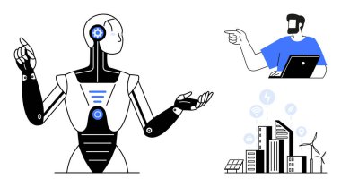 Yapay zeka robotu dizüstü bilgisayarında insan işaretli, yenilenebilir enerji sembollü fütüristik şehir manzarası. Yapay zeka, teknoloji, insan-robot etkileşimi, yenilik, kentsel gelişim, temiz