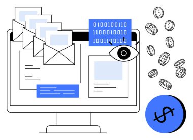 Zarflı bilgisayar monitörü, e-posta, veri, güvenlik ve finans için ikili kod, göz ve madeni paralar. Çevrimiçi iletişim, siber güvenlik dijital pazarlama kavramları için ideal