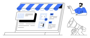 Çevrimiçi alışveriş mağazası vitrininde mavi çizgili bir tente, ürün listeleri, işaret eden adam ve megafon ikonu var. E-ticaret, dijital pazarlama, web tasarımı, müşteri ilişkileri, reklam için ideal