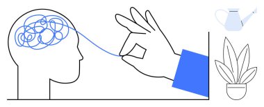 El, bir beyin sembolünden mavi düğümlü bir ipliği, bir sulama tenekesi ve yanında saksı bitkisiyle çözer. Sorun çözme, akıl sağlığı, berraklık, büyüme, farkındalık, odaklanma, çözümler için ideal