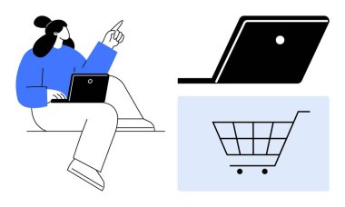Dizüstü bilgisayar kullanan bir kadın, yakın plan dizüstü bilgisayar, alışveriş arabası ikonu. E-ticaret, çevrimiçi mağazalar, dijital alışveriş, internet ticareti, sanal pazar yeri müşteri ilişkileri perakende teknolojisi için idealdir. Basit.