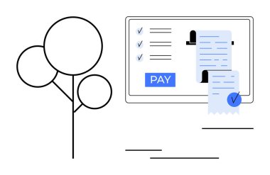 Bir ekranda işaretli dijital faturalar ve bir ağacın yanında bir Ödeme düğmesi gösterilir. Çevrimiçi ödemeler, e-ticaret, dijital makbuzlar, görev tamamlama, mali işlemler, uzaktan kumanda için ideal