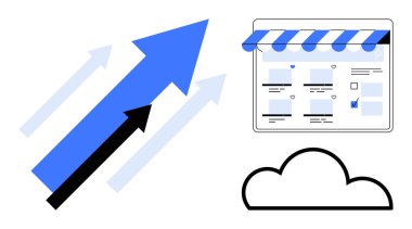 Oklar bir bulutun üstündeki dijital bir mağazanın yanında yükseliyor. E-ticaret, bulut hizmetleri, çevrimiçi büyüme stratejileri, dijital pazarlama, veri analizleri, performans iyileştirme, teknoloji için ideal