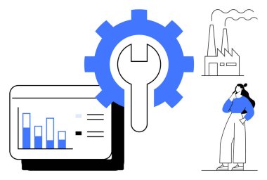 Vites ve İngiliz anahtarı, düşünceli bir kadın ve bacalı bir fabrikanın yanında bir bar çizelgesini örtüyor. Sanayi, analitik, mühendislik, üretkenlik, üretim, bakım, stratejik planlama için ideal