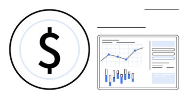 Analitik gösterge panelinin yanında dolar sembolü çizgi grafiği, bar çizelgesi ve veri. İş raporları, finans sunumları, piyasa analizleri, yatırım stratejileri, muhasebe ve ekonomi için ideal
