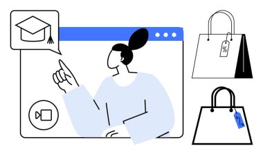 Mezuniyet şapkası ikonunu gösteren bir video ekranındaki kişi. Yanında indirim etiketi olan iki alışveriş çantası. E-öğrenim, webinarlar, e-ticaret, perakende, satış, eğitim, dijital pazarlama için ideal