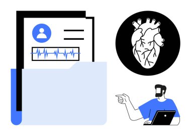 Kullanıcı profili ve EKG grafiği olan tıbbi kayıtlar klasörü, detaylı kalp ikonu, dizüstü bilgisayarı olan kişi. Sağlık, kardiyoloji, tıbbi veriler, hasta kayıtları, teletıp, dijital için ideal