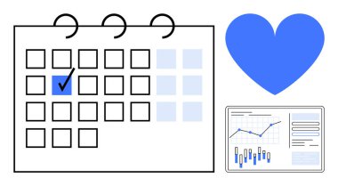 Vurgulanmış tarih, mavi kalp simgesi ve tablet üzerinde mali grafik olan takvim. Zaman yönetimi, planlama, üretkenlik, sağlık, veri analizi, mali planlama ve iş stratejileri için ideal