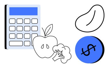 Mavi ekran, elma, brokoli, dolar işaretli mavi daire ve böbrek fasulyesi olan hesap makinesi. Bütçe, sağlıklı beslenme, diyet planlaması, mali yönetim beslenme maliyet analizi yemeği için ideal