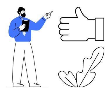 İşadamı, elinde bir pano, baş parmak işareti ve bitki yaprağının yanında işaret ediyor. Sunumlar, iş büyümesi, başarı, motivasyon, olumlu geri bildirim, kurumsal eğitim için ideal