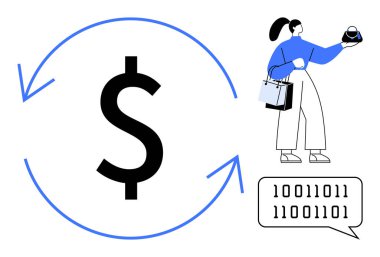 Akıllı telefon ve alışveriş torbaları tutan iş kadını, oklarla çevrili büyük dolar işareti, konuşma balonunda ikili kod. Finans, e-ticaret, teknoloji, dijital ödeme, ekonomi ve kodlama için ideal