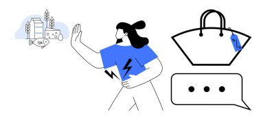 Elleri süt ürünleri ve buğday ürünlerine doğru büyümüş bir kadın, tişörtünde yıldırım sembolü, etiketli bir çanta ve sohbet baloncuğuna odaklanıyor. Sağlıklı yaşam tarzı için ideal diyet, seçim, reddedilme